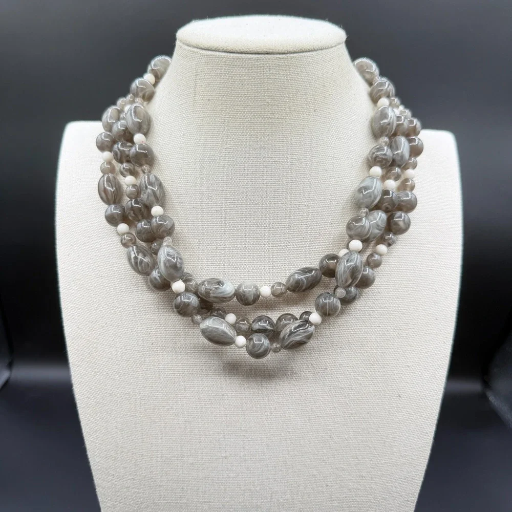 Gray Marbled Beaded Multi Strand Statement Necklace White Accent Beads Chunky